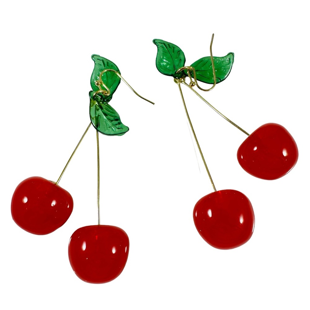 Cherry bomb earrings. Right red Lucite cherries little green leaves gold…